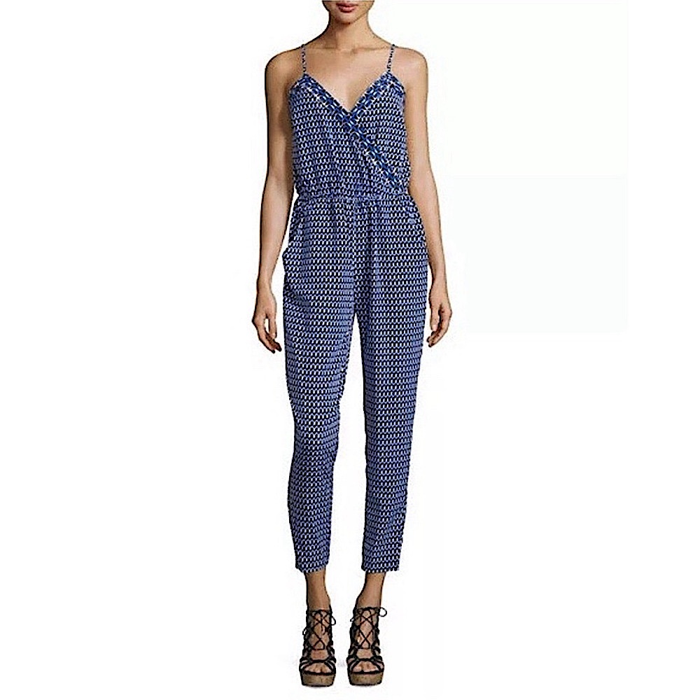 Laundry By Shelli Segal Geometric Royal Blue Beret Tapered Leg Jumpsuit Size 6